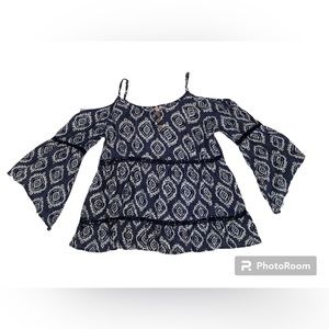 Red Camel Cold Shoulder Paisley Blouse 3/4 Bell Sleeve Top Blue White Juniors S